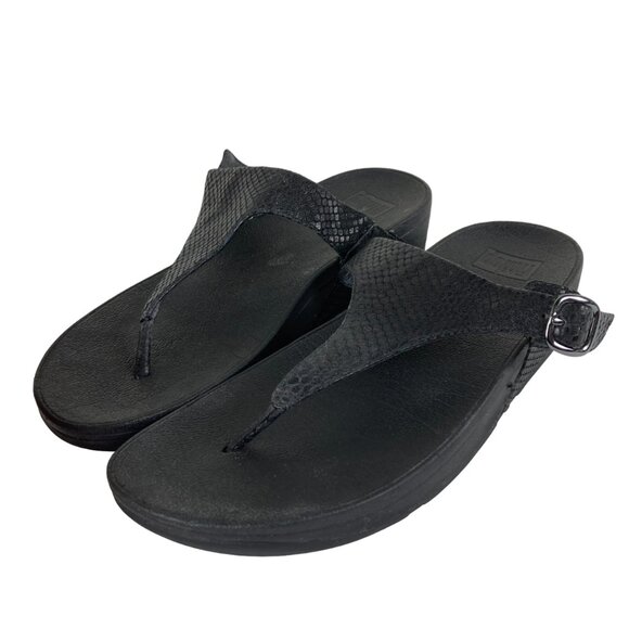 Fitflop Womens Sz 10 Lulu Textured Black Leather Thong Flip Flop Wedge Sandals - Picture 1 of 8